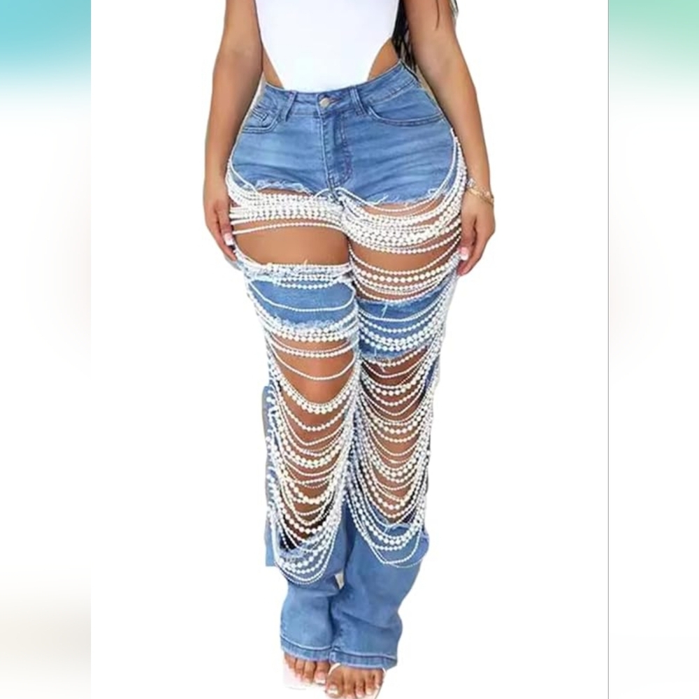 PluswearPearl Beaded Ripped Jeans Destroyed Straight Leg Pants with Rhinestone